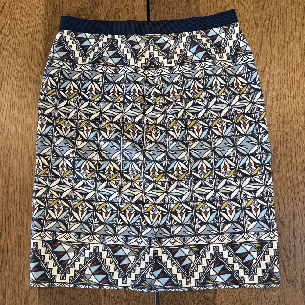 Tory Burch Acoma Pencil Skirt Womens Size XL Blue Tile Print Back Slit Stretch - Picture 2 of 6